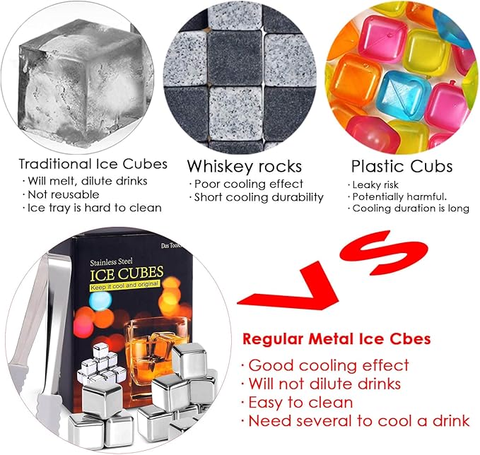 12 Pack Whiskey Stones Gift Set for Men, Das TooKii Stainless Steel Ice Cubes Chilling Stones Reusable, High Cooling Rocks Metal Ice Cube for Drinks Beverage Wine with Ice Tongs & Freezer Storage Box