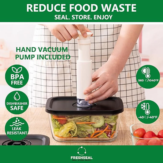 Premium 3‑Piece Borosilicate Glass Vacuum Food Storage Set – 3 Sizes (Small, Medium & Large), Hand Vacuum Pump & 10 Reusable Bags – Leakproof, Oven/Microwave/Freezer Safe, BPA‑Free