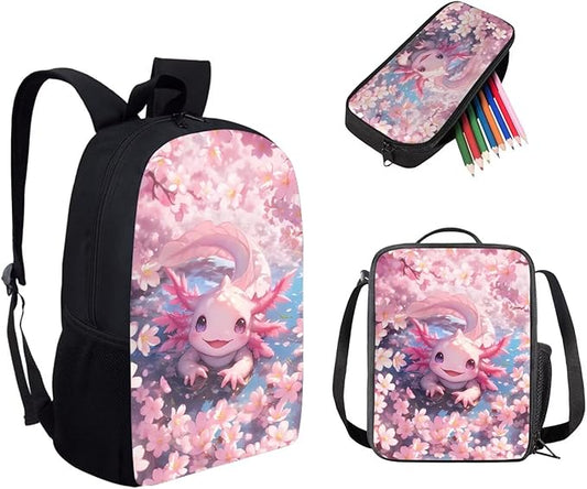Dolyues Pink Cherry Blossom Axolotl 3-Piece Girls Backpack Set - Adorable 17-Inch School Backpack with Insulated Lunch Box and Zipper Pencil Case for Girls