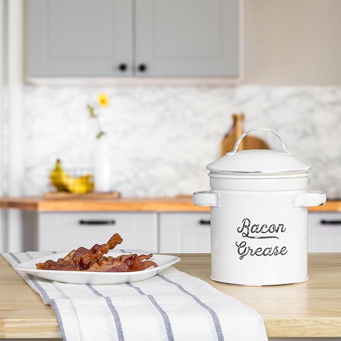 AuldHome Design Grease Container, White Enamelware Bacon Grease Can w/Strainer, Farmhouse Style, Keto-Friendly