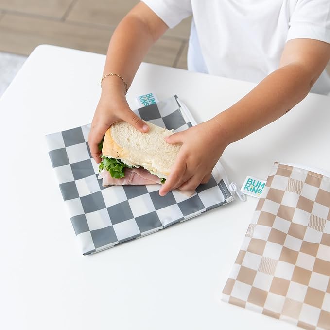 Bumkins Reusable Sandwich and Snack Bags, for Kids School Lunch and for Adults Portion, Washable Fabric, Waterproof Cloth Zip Bag, Travel Pouch, Food-Safe, Large 2-pk Check