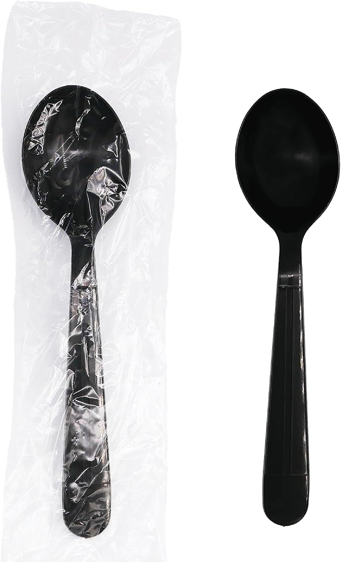 Party Essentials Individually Wrapped Black Plastic Utensil Sets/Heavy Duty Flatware Packs, Soup Spoon, 100 Sets
