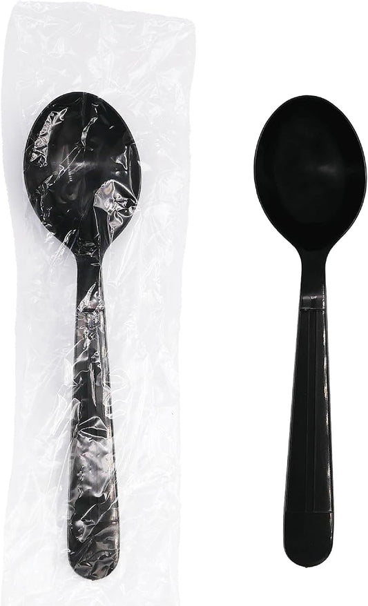 Party Essentials Individually Wrapped Black Plastic Utensil Sets/Heavy Duty Flatware Packs, Soup Spoon, 100 Sets