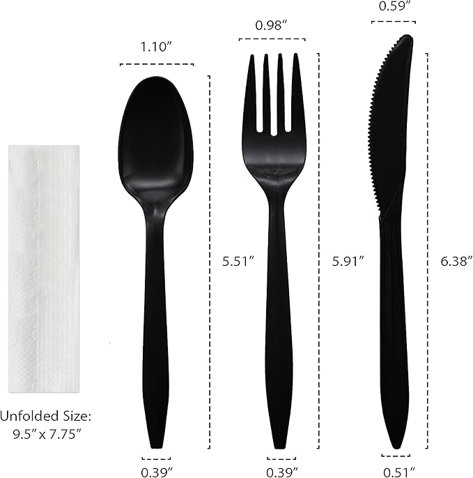 Party Essentials Individually Wrapped Plastic Cutlery Packets/Silverware Kits, Black Fork/Spoon/Knife/Napkin, 100 Sets