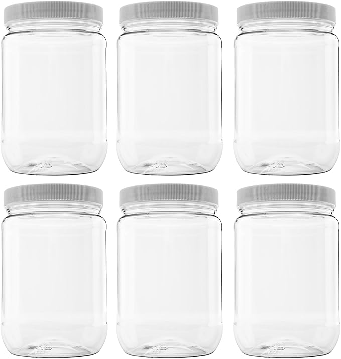 6 Pack of 32 Ounce Plastic Quart Jars with 89RM Leak Proof Seal Lid - Food Grade and BPA Free (32oz, 6pk)