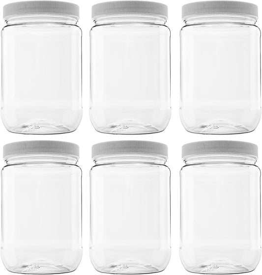 6 Pack of 32 Ounce Plastic Quart Jars with 89RM Leak Proof Seal Lid - Food Grade and BPA Free (32oz, 6pk)