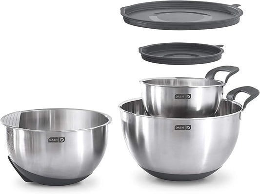 DASH Stainless Steel Mixing Bowls with Lids, Silicone Non-Slip Base with Measuring Lines and Strainer, 3 Bowl Set - 1.5 Quart, 3 Quart, & 5 Quart - Grey