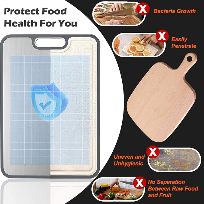 JAYVAR Cutting Board Double Sided, Large Cutting Boards for Kitchen with Stainless Steel and Wheat Straw PP, Large Size 16”×11”Chopping Board for Separately Handle Meat and Vegetables, Dishwasher Safe