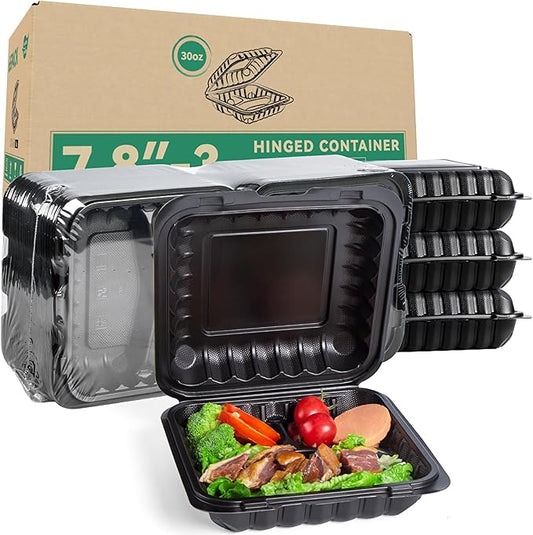 Meal Prep Containers, Reusable 65 Pack Clamshell Food Container 7.8 Inch Black MFPP 3 Compartment To Go Bento Boxes