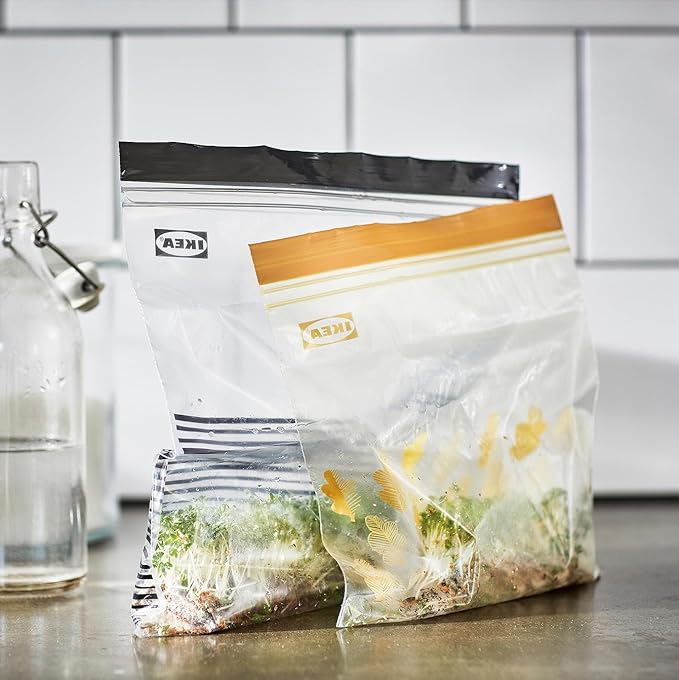 Ikea ISTAD Medium Reusable Food Bags with Double Seal, 1.2 & 2.5 Litres, Black Striped/Yellow Leaf - Set of 100 Bags
