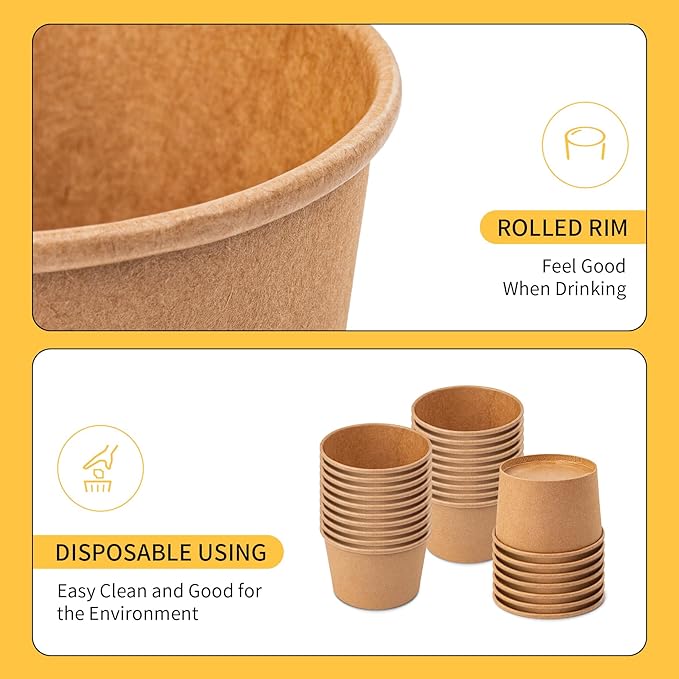 Paper Soup Containers with Lids, 50 Pack Brown Soup Bowls Biodegradable Ice Cream Cups with LidS for Hot Soup or Ice Cream (50 sets, 8 oz)