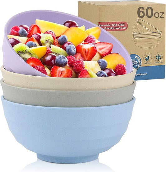 Wheat Straw Bowl Sets,4 PCS Unbreakable Cereal Bowl 60 OZ，Microwave and Dishwasher Safe Bowls,Super Big Bowl Sets BPA Free Large Salad Bowls for Serving Soup,Oatmeal and Fruit Etc…