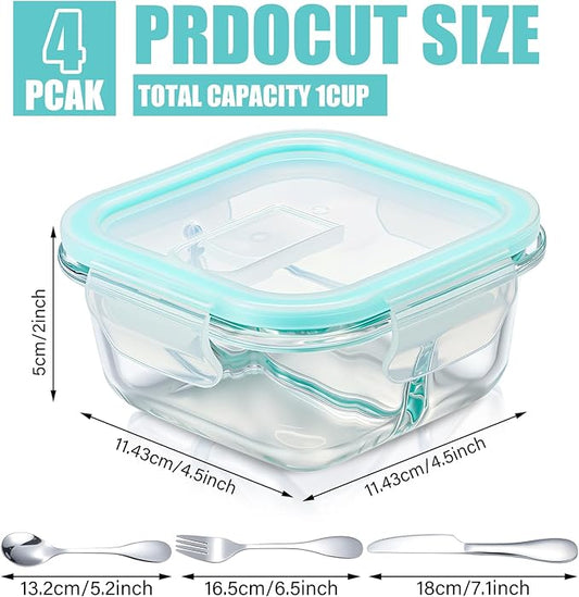 4 Pack Glass Portion Control Bariatric Containers with Lids and 4 Set Knives Forks Spoons Flatware Set Food Containers for Adults Diet Balanced Eating Weight Loss Serving Plan