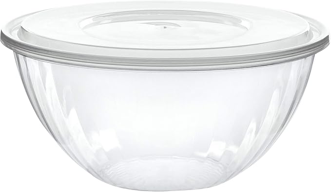 PLASTICPRO Disposable 96 Ounce Round Crystal Clear Plastic Serving Bowl With Lid - Party Snack or Salad Container, Chip and Candy Dish - Pack of 4