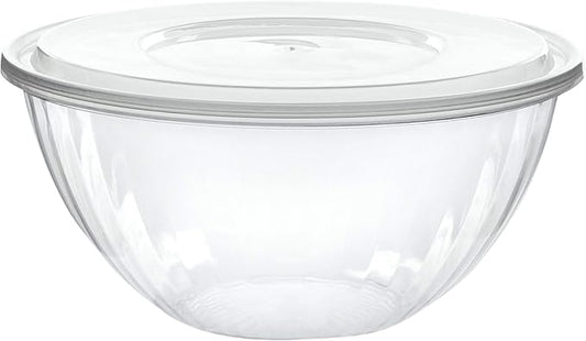 PLASTICPRO Disposable 96 Ounce Round Crystal Clear Plastic Serving Bowl With Lid - Party Snack or Salad Container, Chip and Candy Dish - Pack of 4