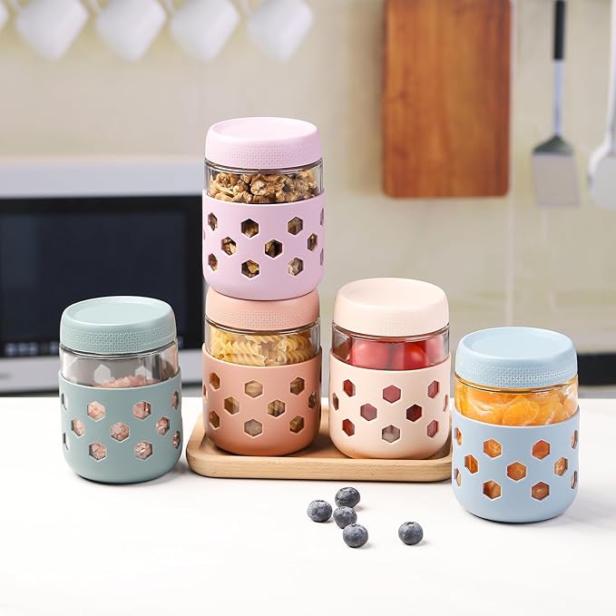 6-Pack Overnight Oats Containers with Lids and Protective Silicone Sleeve, 16 oz Glass Chia Pudding Jars with Airtight Lid, Mason Salad Meal Prep Jars for Yogurt Oatmeal