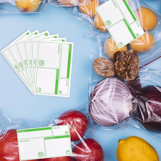 100pcs Labels for Freezer Bags Freezer Meal Labels with Instructions 3.2 X 5 inch Oil and Water Resistant Labels Food Labels for Freezer Storage for Leftovers in Fridge Freezer (Green)