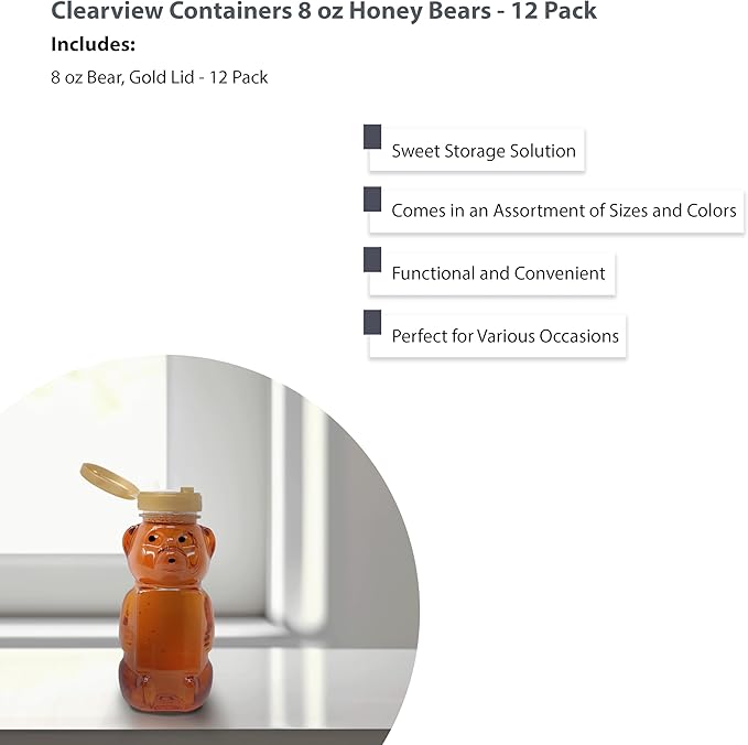 12 Pack of 8 Ounce Honey Bears with Sealable Gold Flip Top Lids (8 oz. Bear, 12pk, Gold)