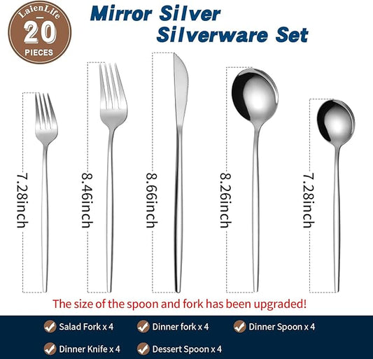 Mirror Modern Flatware Set for 4, LaienLife 20 Pieces Long Kitchen Utensils Cutlery with Coffee Spoons and Fruit Forks, Silverware Set Great for Home and Restaurant, Dishwasher Safe - Silver