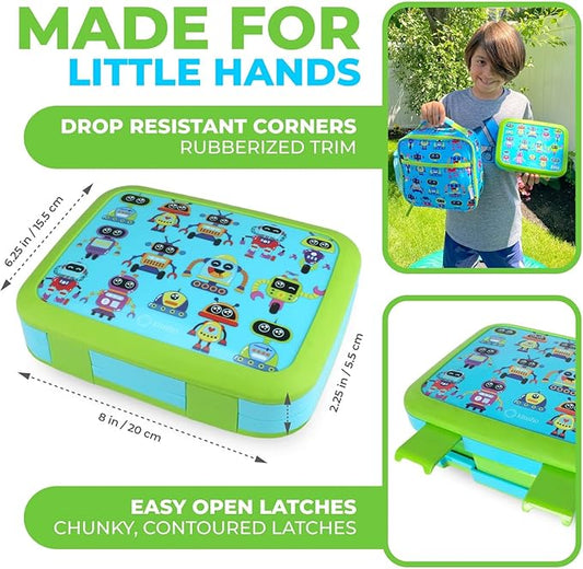 kinsho Bento Lunch Box for Kids Toddlers Boys, 4 Portion Sections Secure, BPA Free Removable Tray, Pre-School Kid Daycare Lunches Snack Container, Green Robot Ages 3 to 5