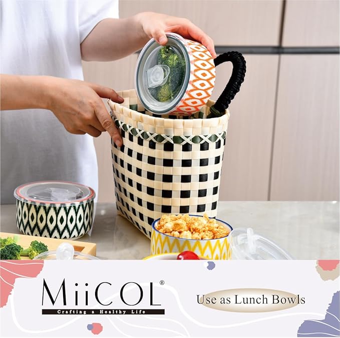 Miicol Ceramic Bowls with Lids Set of 4, Food Storage Containers 20 Oz, Porcelain Serving Bowls 5 Inch, Colorful Mixing Bowl, Kitchen Bowl for Meal Prep, Picnic, Lunch