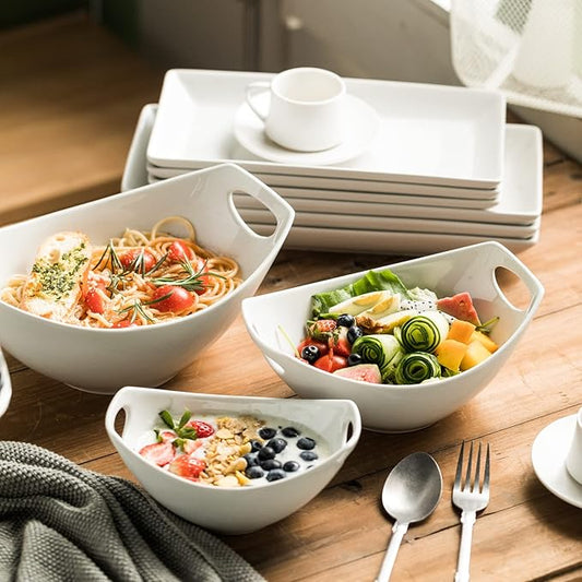 Gomakren Serving Bowls with Handles, Serving Dishes, Porcelain Salad Bowls Mixing Bowl for Entertaining, Nesting Bowl Set of 3, Microwave Dishwasher Safe, 15/28/47 oz, White