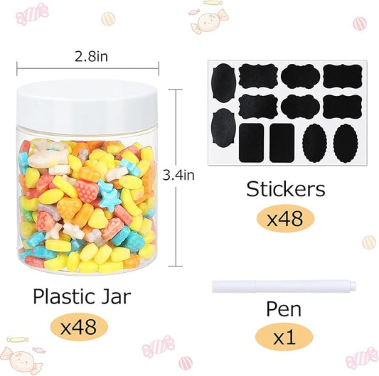 Jars with Lids, 48pcs 8 oz Plastic Containers with Lids Pen Labels Leak Proof BPA Free Airtight Refillable Clear Small Containers Storage Jars for Storing Dry Food Makeup Slime Honey Jam (8oz White