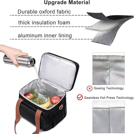 Weitars Lunch Bag For Women Men-Dual Compartment Large Lunch Box For Men Adult Lunch Box For Nurse Office Working Picnic Hiking (15L, Black/kahki)