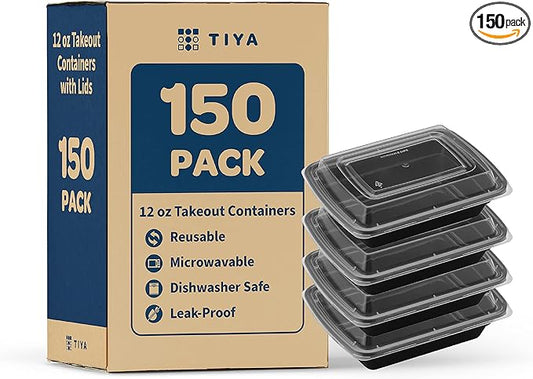 TIYA Takeout Food Containers - 12 oz Bulk 150 Pack with Lids - Rectangular Plastic To-Go Containers - Reusable, Microwavable, Dishwasher Safe - Leak-Proof for Meal Prep & Restaurants - BPA-Free