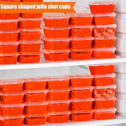 50 Sets 2 1/2 oz Square Shaped Jello Shot Cups with Lids, Small Condiment Containers, Disposable Portion Cups, Plastic Souffle Cup, Mini Sample Tasting Cups, Dipping Sauce Cup To Go Bowls, Clear