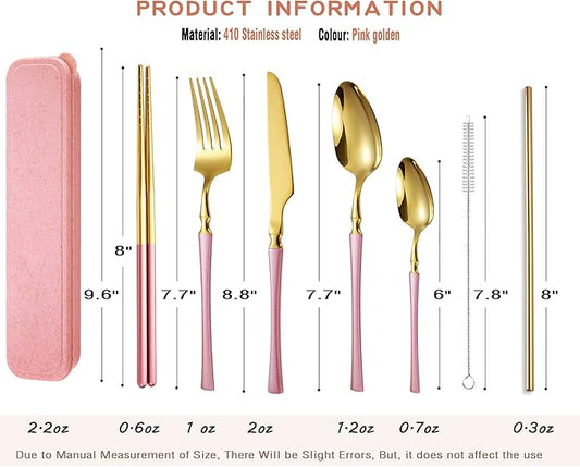AARAINBOW 7 Pieces Stainless Steel Flatware Set Portable Reusable Cutlery Set Travel Utensils Set Including Chopsticks Knife Fork Spoon Straws Cleaning Brush Dishwasher Safe (B-Pink Golden)