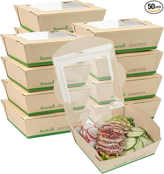 Restaurantware-Sustain 26 Ounce Sturdy Paper Take Out Boxes, 50 Disposable Take Out Food Containers - With PLA lining, Clear PLA Window, Bamboo Paper Containers, Compostable, Tab-Lock Design