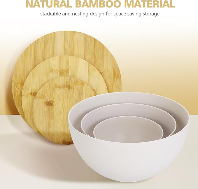 ShineMe Salad Bowl Set with Lid, Large & Deep Serving Bowl Set of 3, Bamboo Fiber Mixing Bowls with Lids for Preparing, Storing and Serving Salad, Ramen, Pasta, Fruit, Snacks (10",8",6")