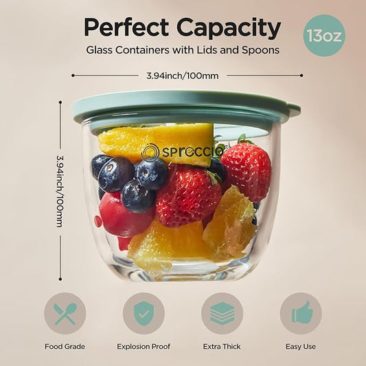Glass Meal Prep Bowls Set - Leakproof Lids, Microwave & Dishwasher Safe 13 oz (4-Pack) Perfect for Meal Prepping, Portion Control, and On-the-Go Lunches BPA-Free