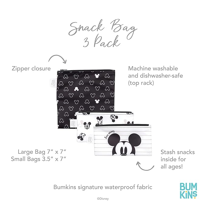 Bumkins Disney Reusable Sandwich and Snack Bags, for Kids School Lunch and for Adults Portion, Washable Fabric, Waterproof Cloth Zip Bag, Travel Pouch, Food-Safe Storage, 3-pk Love, Mickey