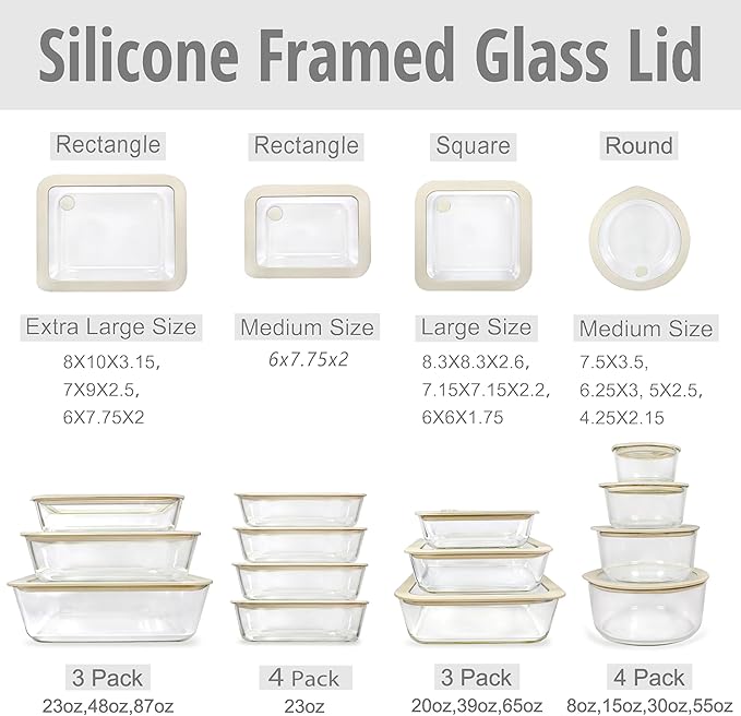 Urban Green Glass Food Container Set with Silicone Glass Lid, 3 Pack, Airtight, LeakProof, 100% Plastic Free, Meal Prep Containers (White Color)