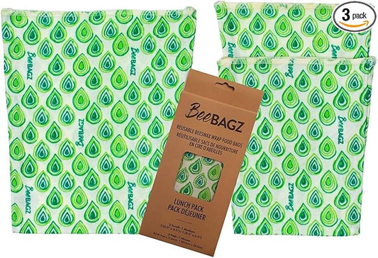 Beeswax Wrap Storage Bag by BeeBAGZ | Reusable Food Storage Bags, Pack of 3, Plastic Free Biodegradable Food Wrap Alternative, Lunch Pack, 2 Small + 1 Medium, (Green)