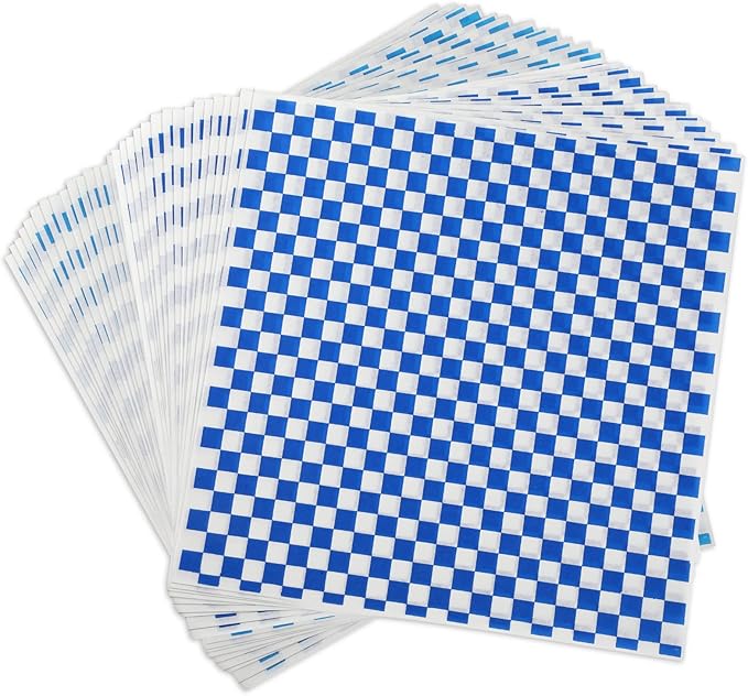 GeeRic Waxed Deli Paper Sheets 12 * 12 Inch, 100 Pcs Food Basket Liners for Sandwiches, Burgers, Checkered Deli Wrap Wax Paper Sheets Blue