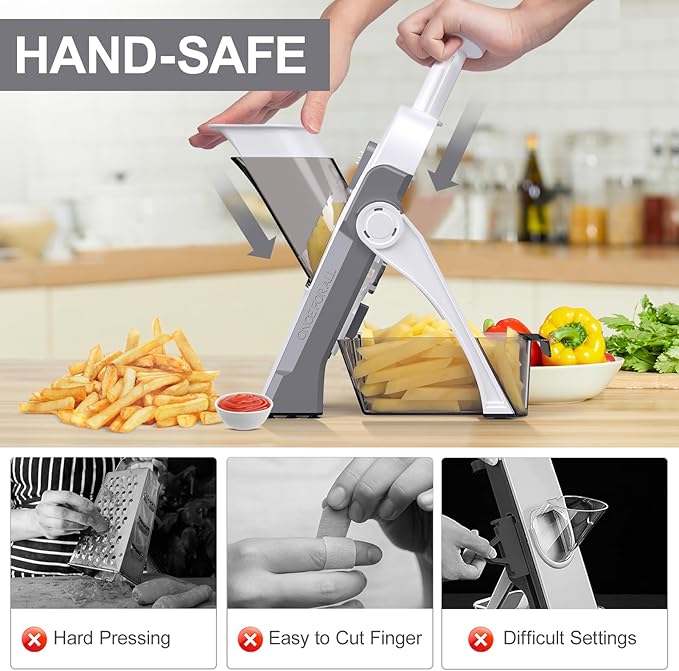 5 in 1 Safe Mandoline Slicer for Kitchen, Safe Vegetable Chopper with Paring Knife, Adjustable Thickness, Easy to Clean, Vegetable Slicer, Slicing, Strips, Shredding, Dicing, Chop (LightGray)