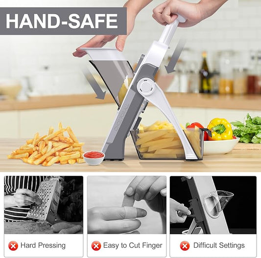 5 in 1 Safe Mandoline Slicer for Kitchen, Safe Vegetable Chopper with Paring Knife, Adjustable Thickness, Easy to Clean, Vegetable Slicer, Slicing, Strips, Shredding, Dicing, Chop (LightGray)