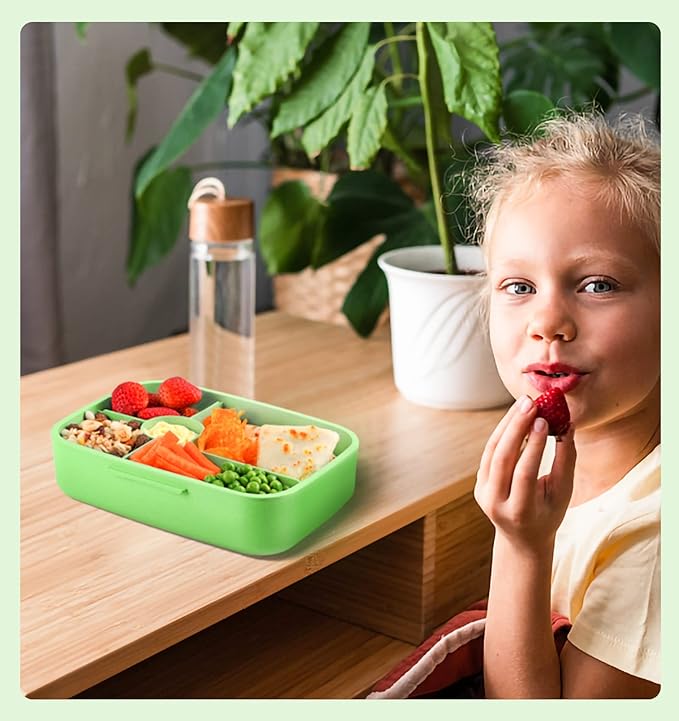 Bento Lunch Box with Kids/Adults, 5 Compartments Leakproof Lunch Container with Dressing Cup, Eco-Friendly Double Insulated Boxes, Dishwasher and Microwave Safe, BPA-Free (green)