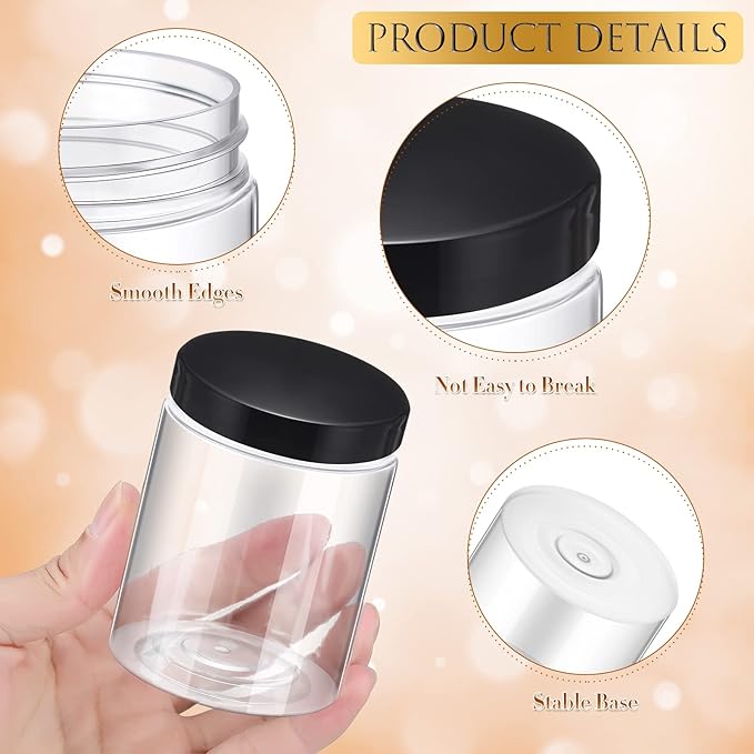 Aoriher 48 Pcs 8oz Plastic Mason Jars with Lids Round Clear Plastic Jars Containers Refillable Small Empty Storage Containers Food Canisters for Kitchen Storage(Black)