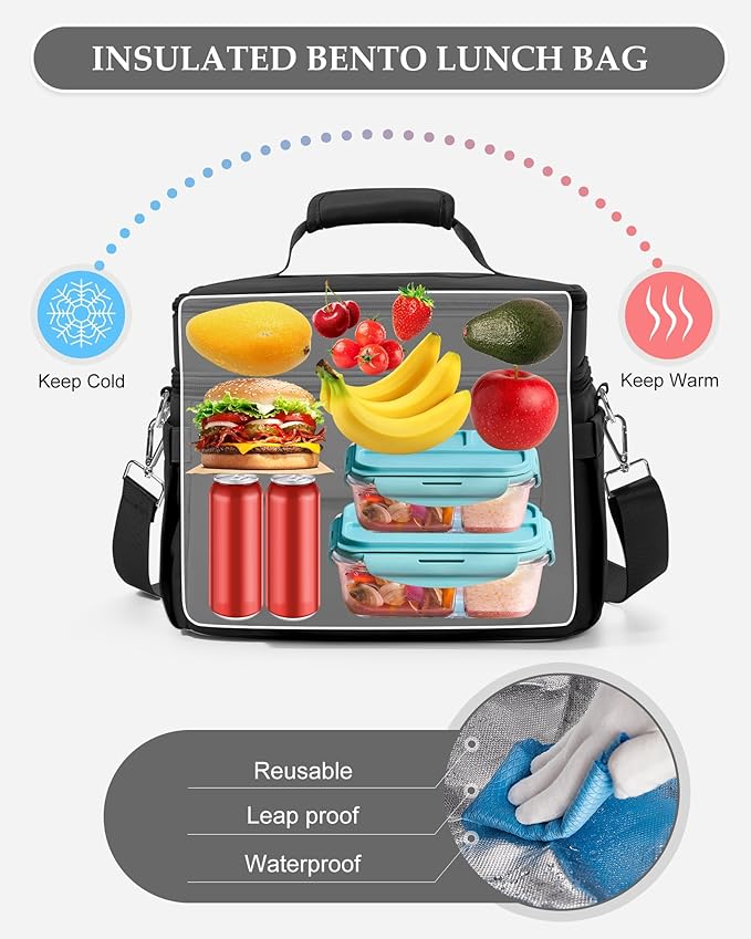 Lunch Box Women Insulated Lunch Bag Men Expandable Waterproof Leakproof Lunch Boxes Large Lunch Tote Cooler Bag for Work with Water Bottle Holder Black