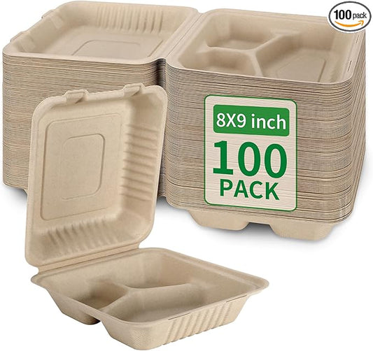 Aricsen 100 Pack 3 Compartment Compostable 8x9 Inch Takeout Lunch Box Containers with Lid To Go Take Out Clamshell for Food, Disposable Eco-Friendly Biodegradable Bagasse, PFAS-Free, Brown