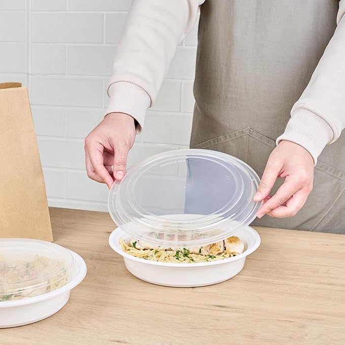 Restaurantware Asporto 48 Ounce To Go Boxes 100 Microwavable Take Out Food Containers - Clear Plastic Lids Included Do Not Contain BPA White Plastic Catering Food Containers Disposable Round