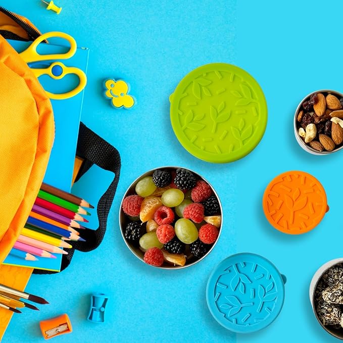 Stainless Steel Lunch Containers for Kids [12oz/ 7oz/ 3oz] - BPA-Free Metal Lunchbox with Leakproof Silicone Lids - Lunch Box for Kids - Small Snack Food Containers with Lids - Dishwasher Safe