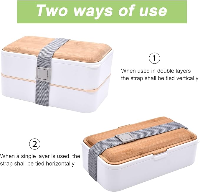 1200ML Bento Boxes, Japanese Lunch Boxes, 2 Stackable Food Containers,for Adults, Men&Women, with Nylon Sealing Strap,Built-In Reusable Cutlery,BPA Free,Bamboo Lid,Microwave Safe (WHITE)