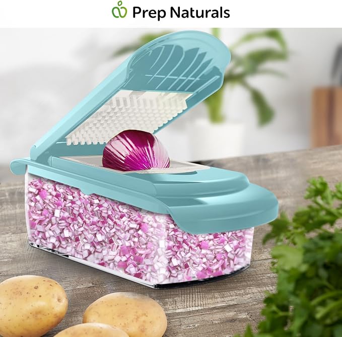 PrepNaturals Vegetable Chopper with Container, Food Chopper with Container - Mandoline Slicer for Kitchen (4 in 1, Blue/White)
