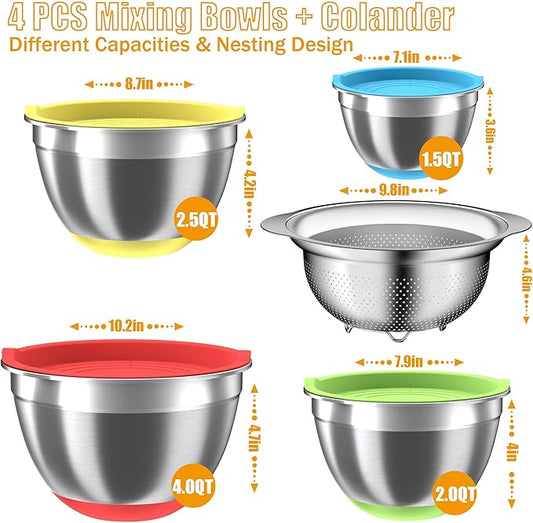 Mixing Bowls with Airtight Lids Set, 4 Stainless Steel Bowls Nesting Bowls & Colander, Kitchen Organizers and Storage Non-Slip Bottom, Size 1.5/2.0/2.5/4.0QT, Great for Mixing & Serving, Multicolor