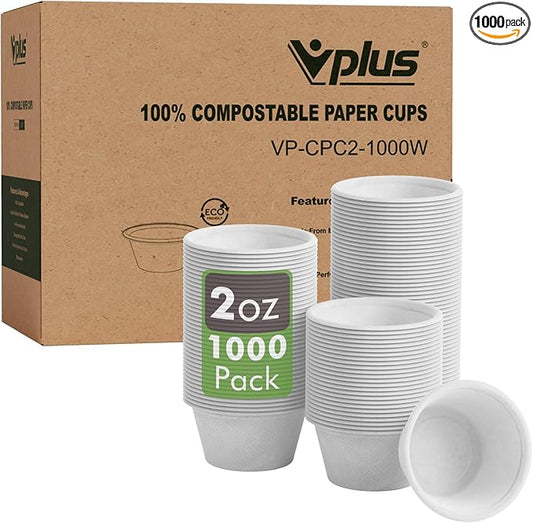 Vplus 1000 Pack 2 OZ Disposable Souffle Cups, 100% Compostable Portion Cups, Food Sample Cups Made From Bagasse Fibe, Perfect For Dips, Jams, Honey, Sauces, Nuts